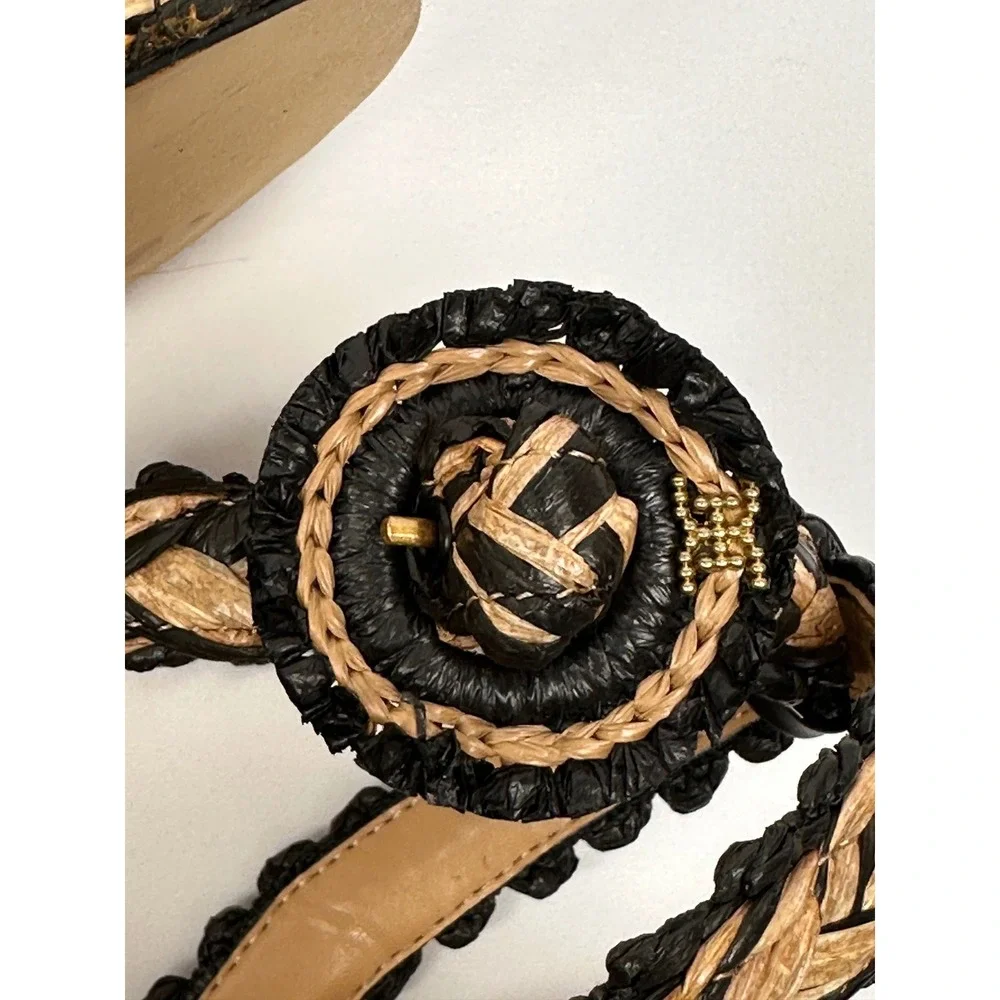 Sam Edelman Iliana Raffia Platform Sandals 9.5 Black Natural Woven Ankle Strap